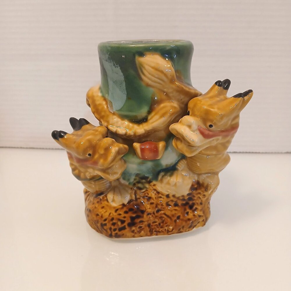 Vintage Majolica Style Planter/vase With Foo Dogs 6” Tall 3” Diameter